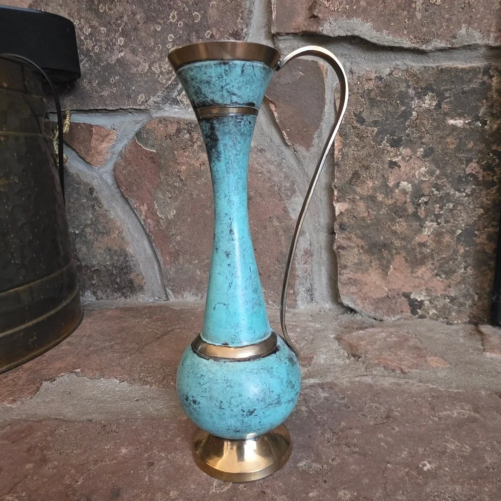 Vintage Brass Turquoise Verdigris Pitcher Bud Vase Decorative Handle 11